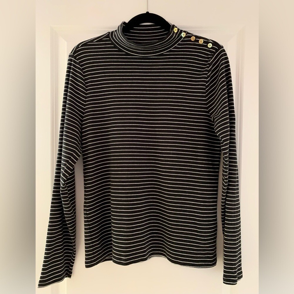 J Crew Womens Button Shoulder Mock Neck Black White Striped Cotton Top X…